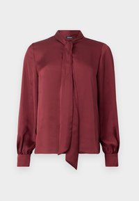 Blusa di seta bordeaux con colletto alto, nodo frontale e maniche lunghe a palloncino. Texture liscia e polsini aderenti.