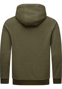 Sweat-shirt à capuche vert olive, avec un tissu texturé, des poignets côtelés et un ourlet ajusté, conçu pour une coupe décontractée.