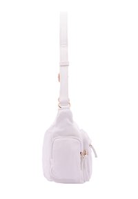 Borsa a tracolla bianca in pelle con finitura testurizzata, tracolla regolabile e accessori in tonalità oro. Presenta una tasca laterale e una chiusura con zip.