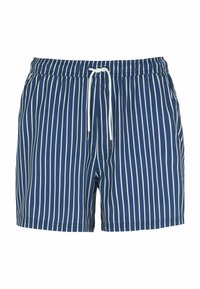 Tummansiniset uimapöksyt, joissa on valkoisia pystysuoria raitoja, joustava vyötärö, ja säädettävä nauha; kevyt kangas, ei taskuja.