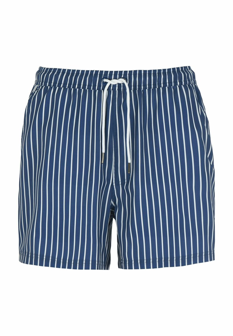 Tummansiniset uimapöksyt, joissa on valkoisia pystysuoria raitoja, joustava vyötärö, ja säädettävä nauha; kevyt kangas, ei taskuja.