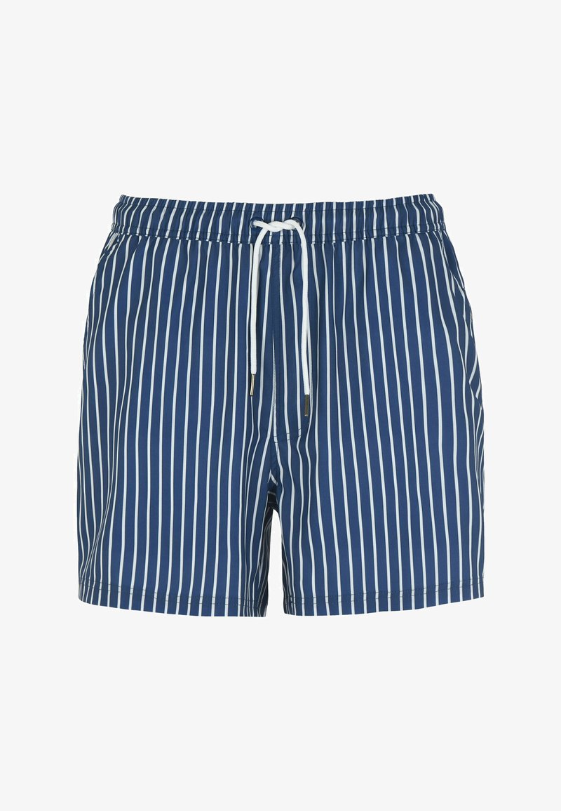 Tummansiniset uimapöksyt, joissa on valkoisia pystysuoria raitoja, joustava vyötärö, ja säädettävä nauha; kevyt kangas, ei taskuja.