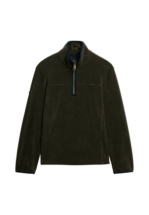 Mørkegrøn fleecepullover med høj krave, der har en kvart lynlås og kontrasterende blå detaljer. Glat tekstur, lange ærmer, minimale sømme.