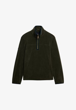 Mørkegrøn fleecepullover med høj krave, der har en kvart lynlås og kontrasterende blå detaljer. Glat tekstur, lange ærmer, minimale sømme.