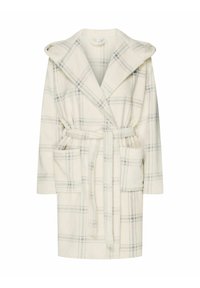 Fleece bathrobe in cream with gray plaid pattern, long sleeves, shawl collar, waist tie, and two front pockets. Soft texture.