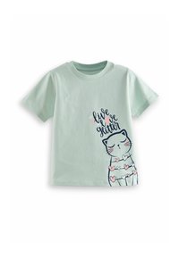 Hellgrünes Baumwoll-T-Shirt mit kurzen Ärmeln, das ein Katzenmotiv und Herzen zeigt. Der Text lautet: "live love glitter" in kontrastierenden Farben.