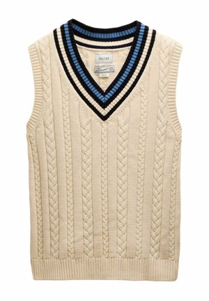 Beige cable-knit sleeveless sweater with a V-neck, featuring a textured pattern and contrasting black and blue striped trim on the neckline.