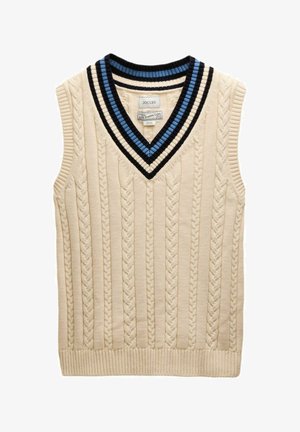 Beige ärmelloser Pullover mit V-Ausschnitt in Strukturstrick, versehen mit einem strukturierten Muster und kontrastierenden schwarzen und blauen Streifen am Kragen.
