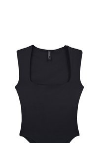 Costume da bagno intero nero con scollatura quadrata, spalline larghe e tessuto liscio, caratterizzato da un design minimalista senza motivi o dettagli.