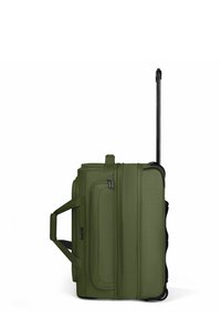 Green soft-sided rolling suitcase with telescoping handle, front pocket, and side carry handles shown upright on white background.