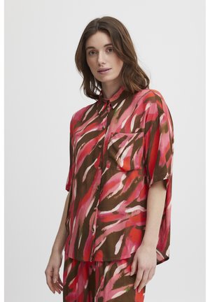 Short-sleeve blouse featuring a multicolor abstract pattern in pink and brown tones, with a button-down front and a chest pocket.