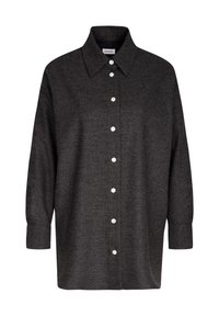 Chemise boutonnée à manches longues de couleur gris foncé avec col pointu et boutons blancs, présentée à plat sur un fond blanc.