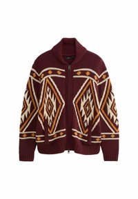 Burgunderfarbener Strickcardigan mit geometrischen Mustern in Creme, Gelb und Braun. Verfügt über einen hohen Kragen und einen Reißverschluss vorne. Grobe Textur.
