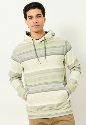 Gestreifter Hoodie in Hellgrün und Creme mit grauen Akzenten. Verfügt über eine Kapuze mit Kordelzug und eine vordere Tasche. Strukturierter Stoff mit langen Ärmeln.
