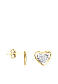 Guld- og sølvfarvede hjerteformede stud-øreringe med en tekstureret overflade og glitrende centrale pave-satte sten, udstyret med et sikkert post-back design.