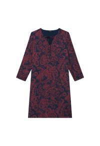 Langärmliges Kleid in Marineblau mit einem roten Paisleymuster, mit rundem Ausschnitt und einem Schlüssellochdetail vorne. Weiche Stofftextur.
