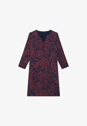 Langärmliges Kleid in Marineblau mit einem roten Paisleymuster, mit rundem Ausschnitt und einem Schlüssellochdetail vorne. Weiche Stofftextur.