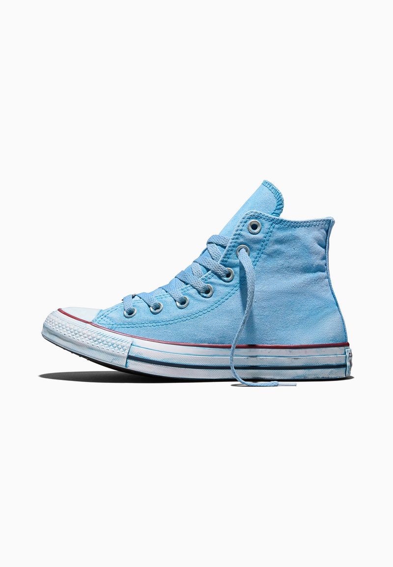 Light blue high-top canvas sneaker with white rubber sole, red stripe, and loosely tied laces on a white background.