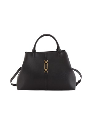 Schwarze, strukturierte Lederhandtasche mit zwei Griffen, einem abnehmbaren Schulterriemen und goldener rechteckiger Kettendetail auf der Vorderseite.