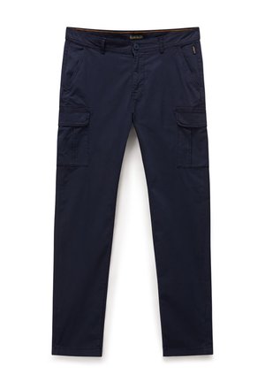 Navy cargo pants made of lightweight fabric featuring two side pockets and two large cargo pockets, with a button and zip fastening.