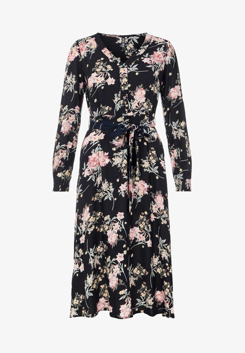 Robe midi noire à manches longues avec imprimé floral rose et beige, col en V, devant boutonné, et ceinture assortie nouée à la taille.