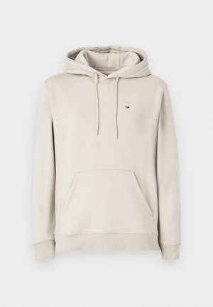 Sweatshirt à capuche beige clair avec poche kangourou à l'avant, capuche à cordon, poignets et ourlet côtelés, et petit logo rectangulaire sur la poitrine gauche.