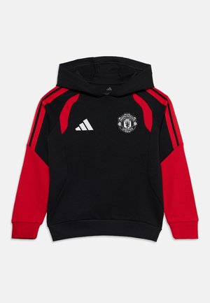 Sweat à capuche noir et rouge avec le logo de Manchester United et les bandes Adidas sur les manches et la poitrine.