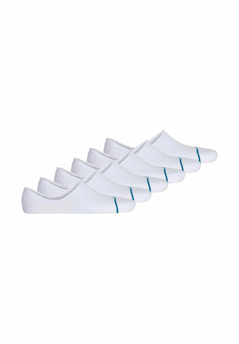 Calcetines blancos de tobillo exhibidos en línea, con un diseño de corte bajo y una sutil franja azul en el talón. Fabricados con una tela suave y elástica.