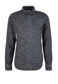 Chemise boutonnée à manches longues gris foncé avec une texture horizontale subtile et un col classique sur fond blanc.