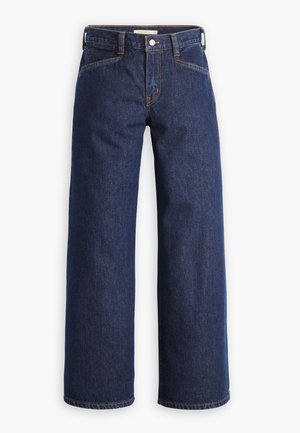 Dark blue denim jeans with a high waist, wide-leg cut, and subtle orange stitching. Features a front button and zip closure.