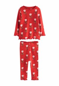 Červené dlouhé rukávy top a kalhoty set s bílými tulipány, zelenými listy, růžovými akcenty a volánkovými okraji na manžetách a lemech.