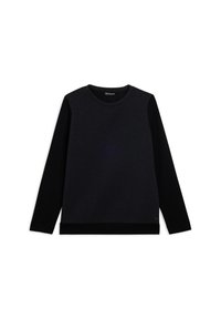 Felpa nera a maniche lunghe con una texture liscia e un collo rotondo, mostrata distesa su uno sfondo bianco.