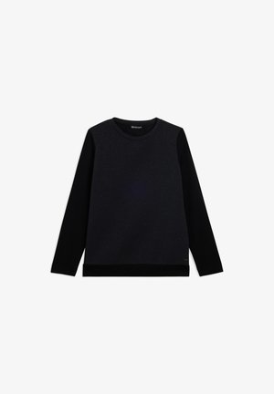 Sweatshirt noir à manches longues avec une texture lisse et un col rond, présenté à plat sur un fond blanc.