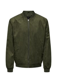 Giacca bomber verde oliva in morbido materiale simil-suede, con zip frontale, polsini a costine e collo rotondo.