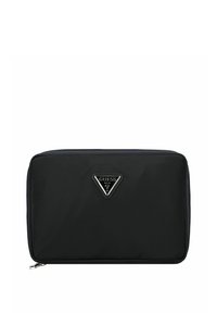 Bolsa rectangular de nylon negra con un logo triangular plateado, cierre de cremallera y superficie lisa y texturizada. No presenta patrones ni acentos.