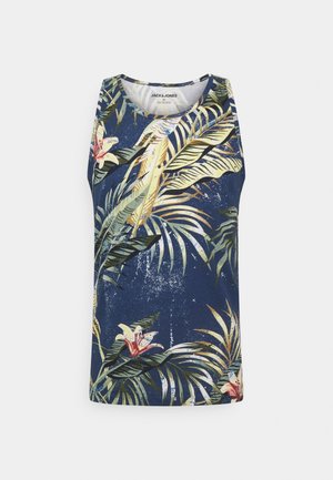 Ærmeløs marineblå tanktop med tropisk blad- og blomsterprint i gule, grønne og røde nuancer, med rund halsudskæring.