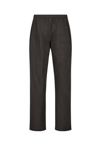 Black trousers with an elastic waistband, straight leg design, and a single back pocket. Fabric appears smooth with a matte finish.