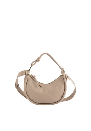 Petit sac à main en cuir beige en forme de croissant avec des poignées nouées et une fermeture éclair dorée sur fond blanc.