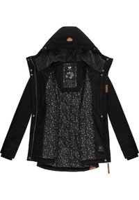 Black outer jacket with a faux fur hood and a patterned inner lining. Features zippers and leather accents, designed for warmth and style.