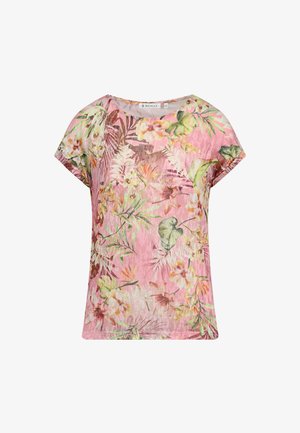 Floral-patterned pink blouse with short sleeves, round neckline, and lightweight fabric featuring various green and orange leaves.
