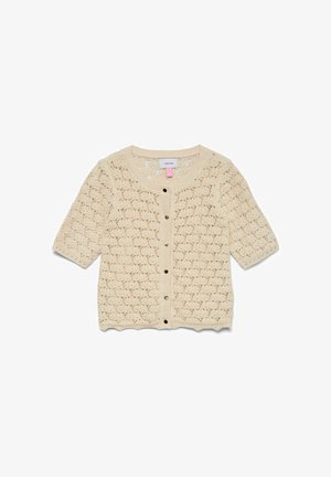 Cardigan en maille crochetée couleur crème à manches courtes, ourlet festonné et cinq boutons foncés sur le devant.