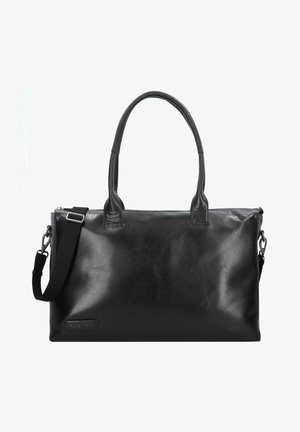 Bolso de mano de cuero negro con doble asa, correa de hombro desmontable, textura suave y cierre con cremallera. Presenta un sutil detalle del logo en el lateral.