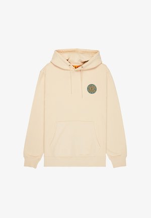 Beige hoodie met een voorzak, trekkoordkap en een ronde geborduurde afbeelding in blauw en groen op de linkerborst.