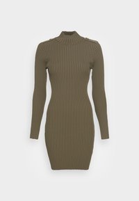 Olivgrön ribbad klänning med hög halsringning, långa ärmar och axelknappar. Har en figurn ära passform och strukturerad tyg.