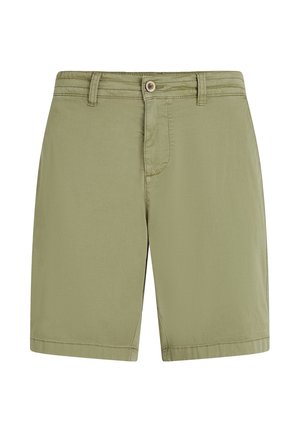 Olivgröna shorts gjorda av lättviktsmaterial, med knäppning, bälteshällor och raka ben med ren fåll.