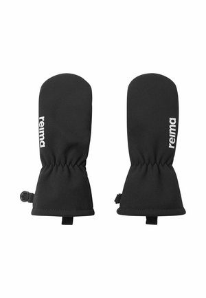 Muffole nere isolate con polsini elastici e logo "reima" stampato in bianco sulla parte posteriore di ciascuna muffola.