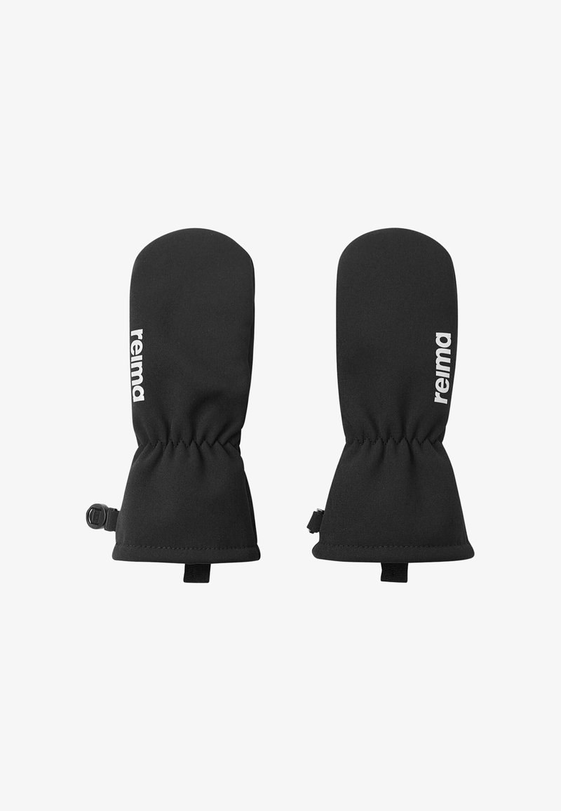 Schwarze isolierte Handschuhe mit elastischen Handgelenksbändern und dem in Weiß auf der Rückseite jedes Handschuhs gedruckten "reima"-Logo.
