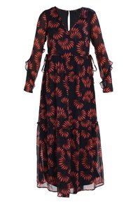 Robe midi noire à manches longues avec motif de feuilles rouges, col en V, taille cintrée avec liens, et poignets et ourlet à volants.