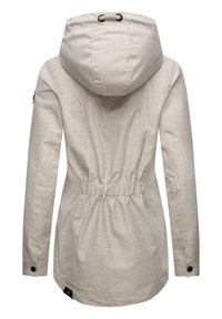 Light gray long jacket with a hood, drawstring waist, elastic cuffs, and a smooth texture. Features a logo on the lower side.