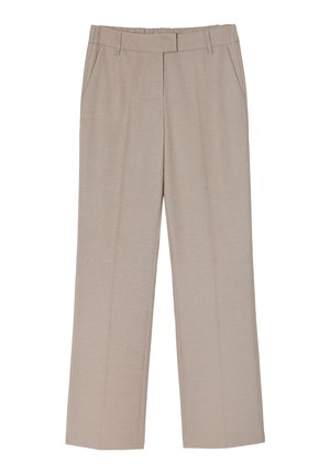 Bež hlače širokih nogavica, teksturirana tkanina, prednji nabori, dva bočna džepa i pojas s petljama za remen. Nema vidljivih logotipa ili uzoraka.